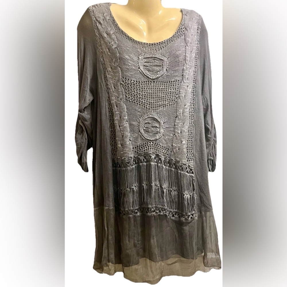 Scandal Paris Made In Italy Grey Knit Long Top Lined Boho 3/4 Sleeve Sz XL